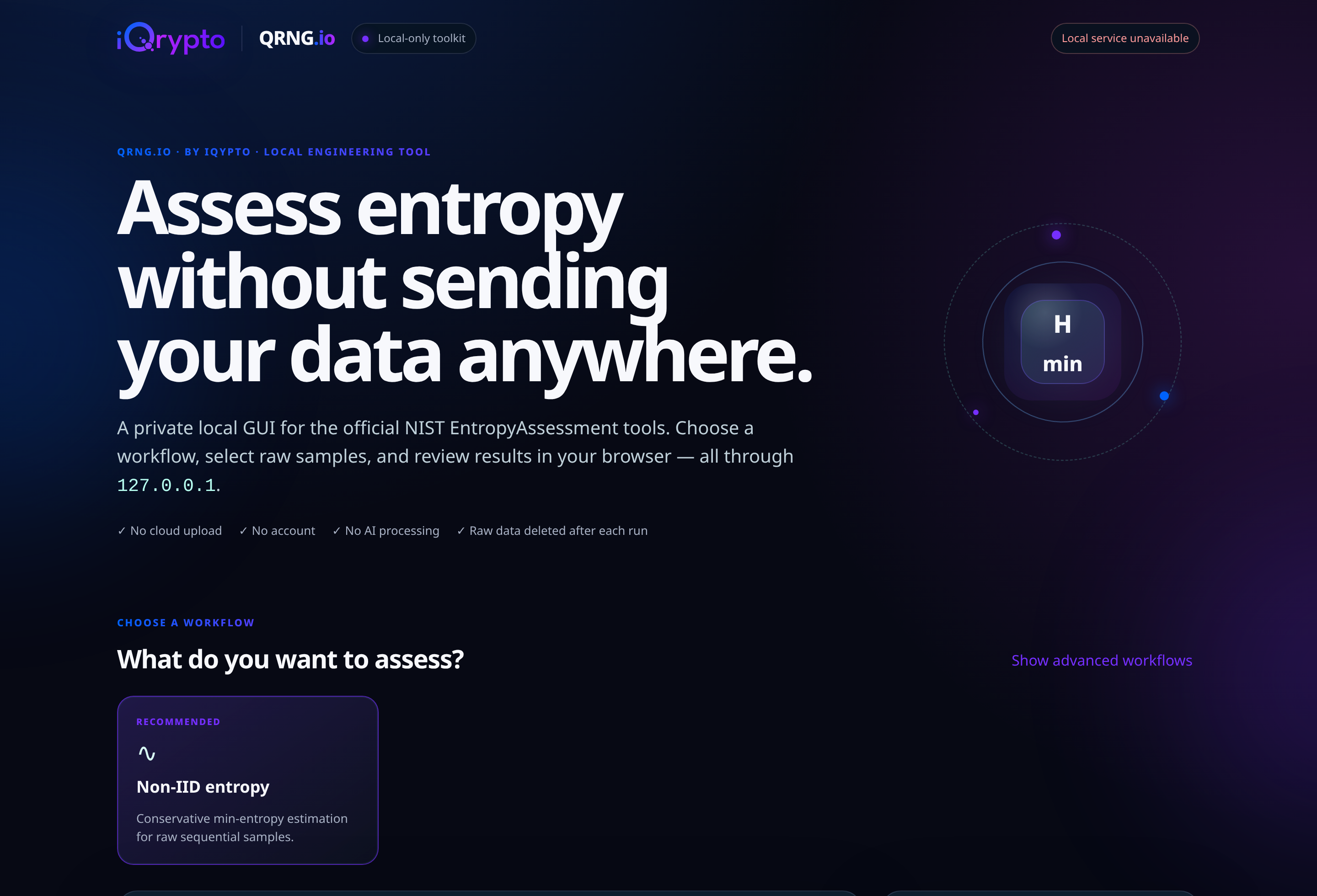 The local QRNG.io Entropy Assessment Kit interface running on 127.0.0.1